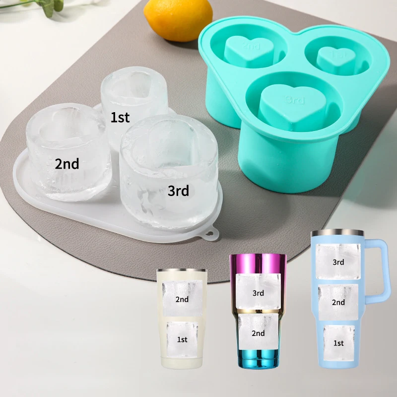 WONDERFUL BPA Free Reusable Ice Cubes Maker 3 Cavity Silicone Ice Mold Heart Shaped Ice Cube Trays for Stanley Tumbler Cups