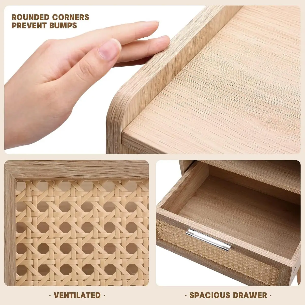 Modern Boho Nightstand Wooden Rattan Side Table with Storage Drawer End Table for Bedroom Furniture