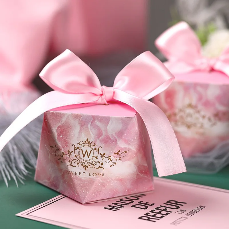 New Europe Hexagon Style Candy Box Wedding Favors Paper Gift Boxes With Ribbon
