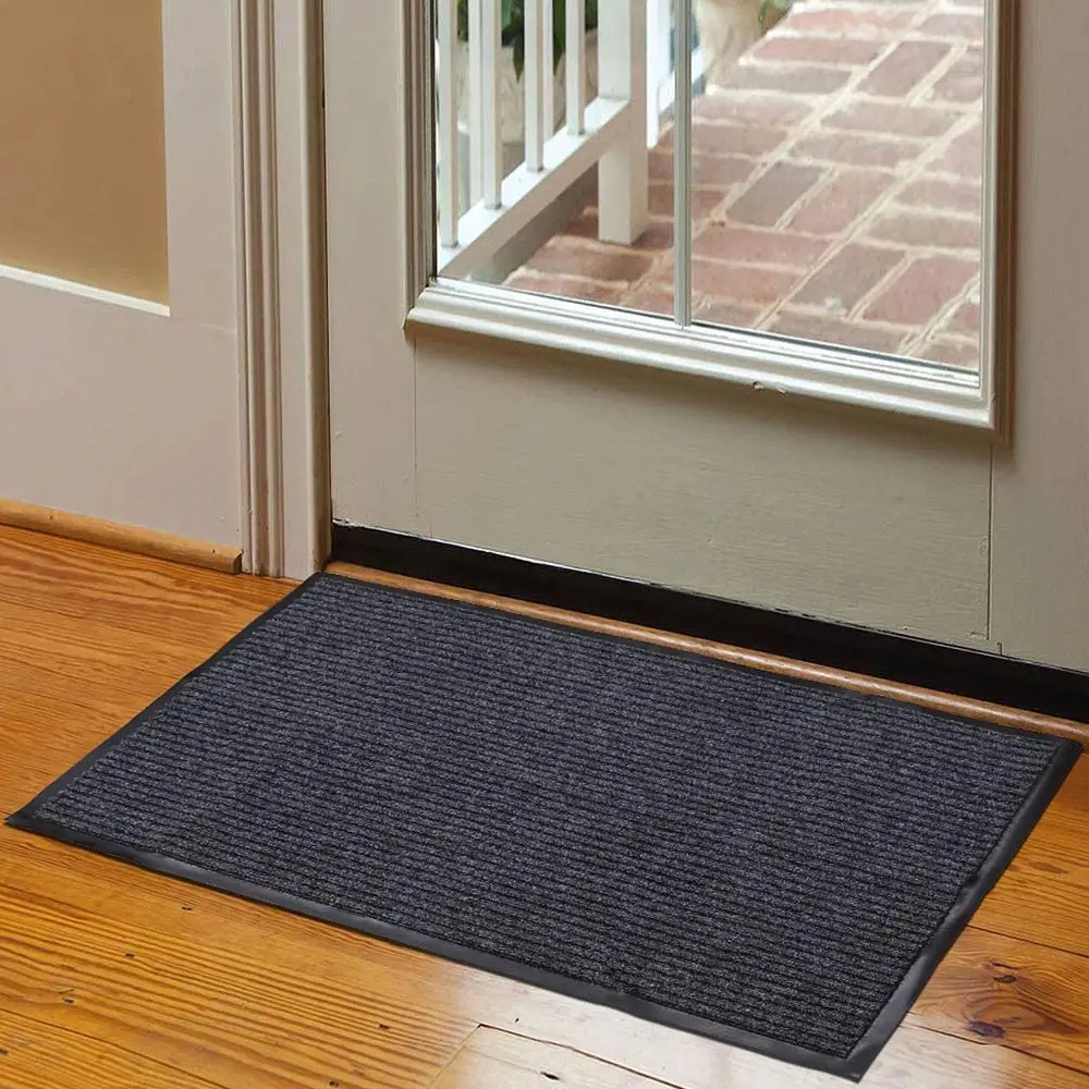 Non slip entrance doormat custom polyester stripe floor carpet ribbed outdoor door mat