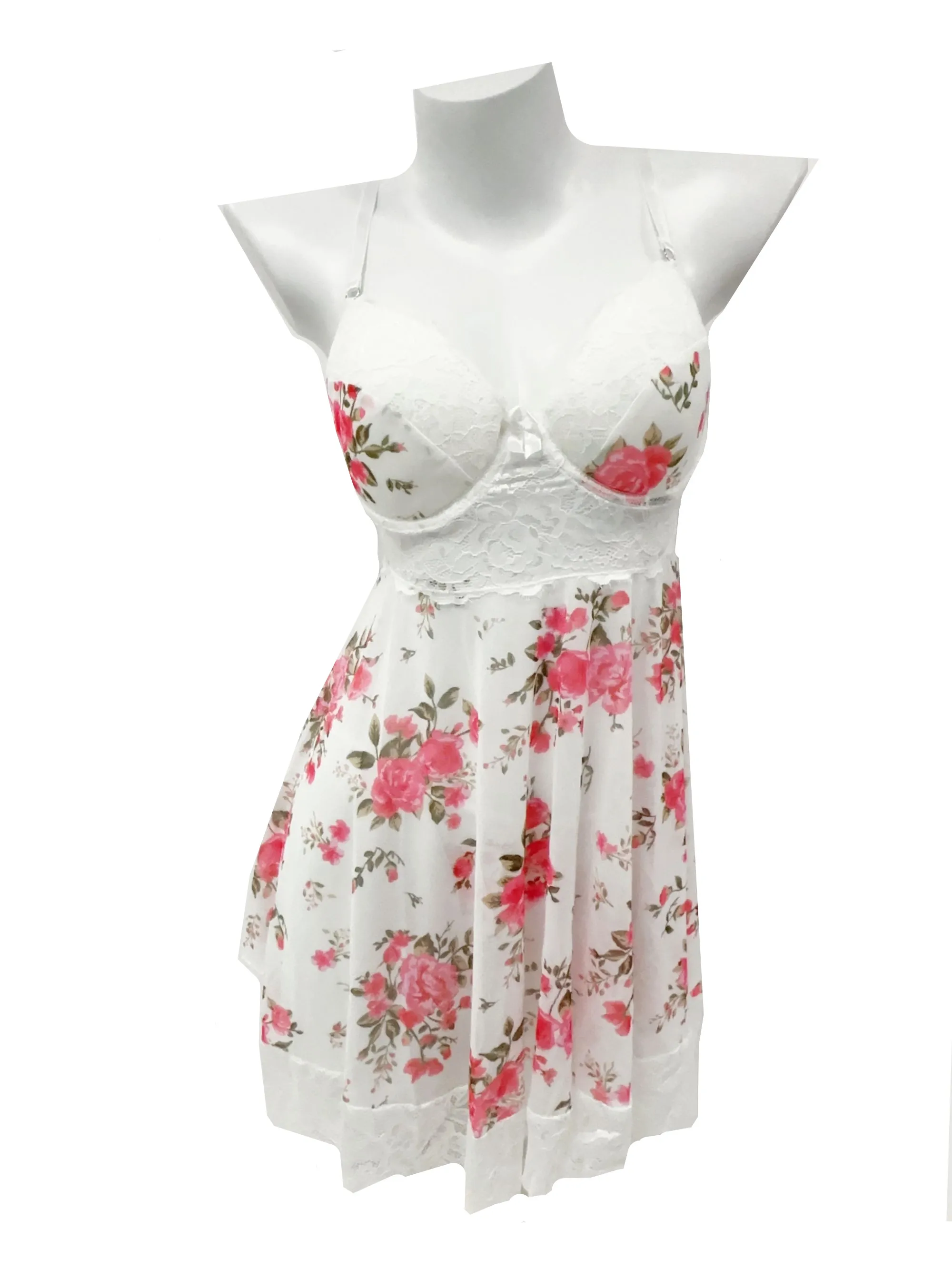 JSMANA Hot Sale Women Sexy Lace White Satin Floral Babydoll Sleepwear Nightgown Night Dress