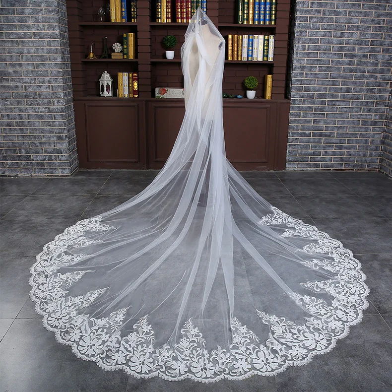  Wholesale 3 4 5 Meters cheap price two-tier embroidery edge white bridal veils lace wedding veil for