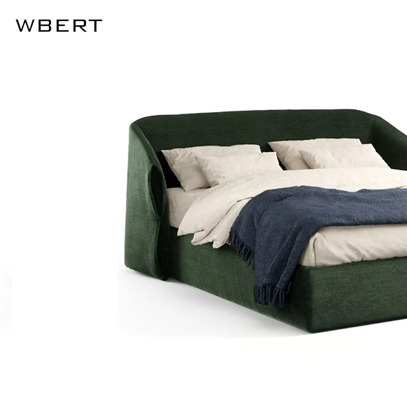 WBERT Modern Design Double Bed with Creative Fabric Backrest Soft Cushion Bed with Wooden Frame for Villa Household Furniture