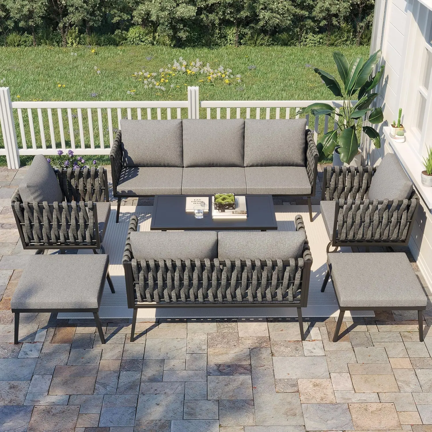Outdoor Woven Rope Sofa Set with Aluminum Fame 7 Pieces Metal Patio Furniture