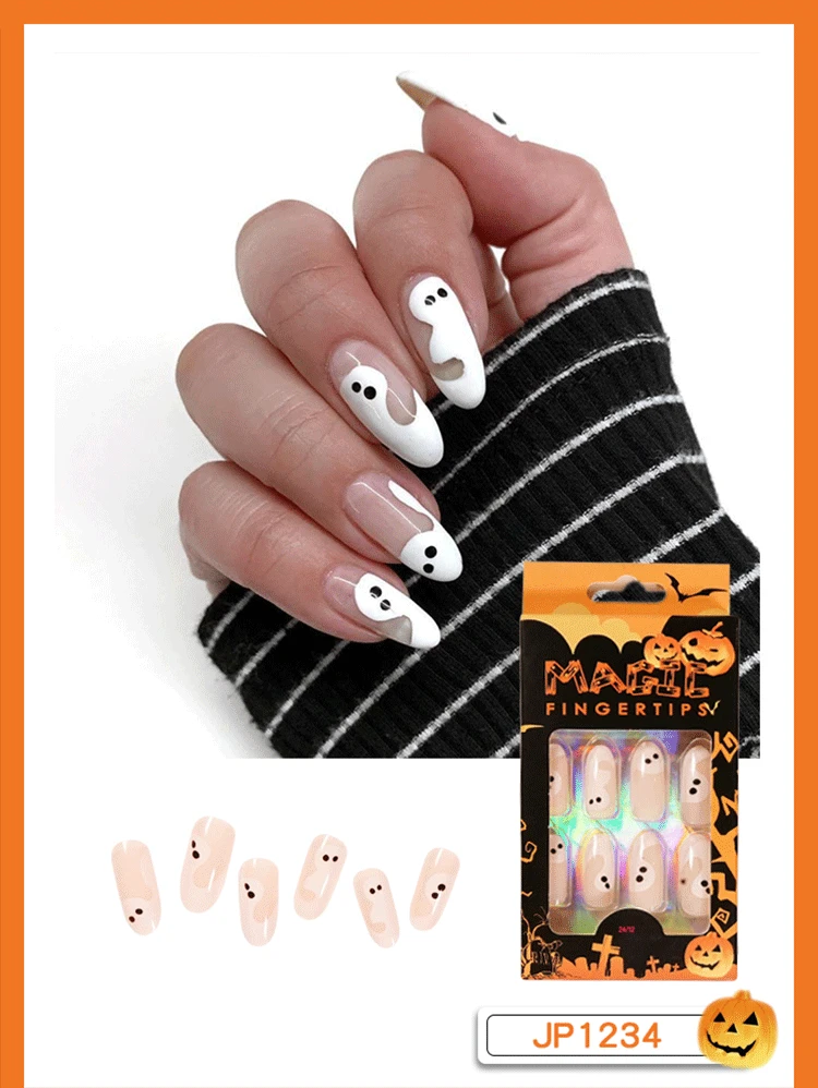 Wholesale 24 Tips Long Coffin Ghost Spider Web Press on Nails Art For Halloween Decoration