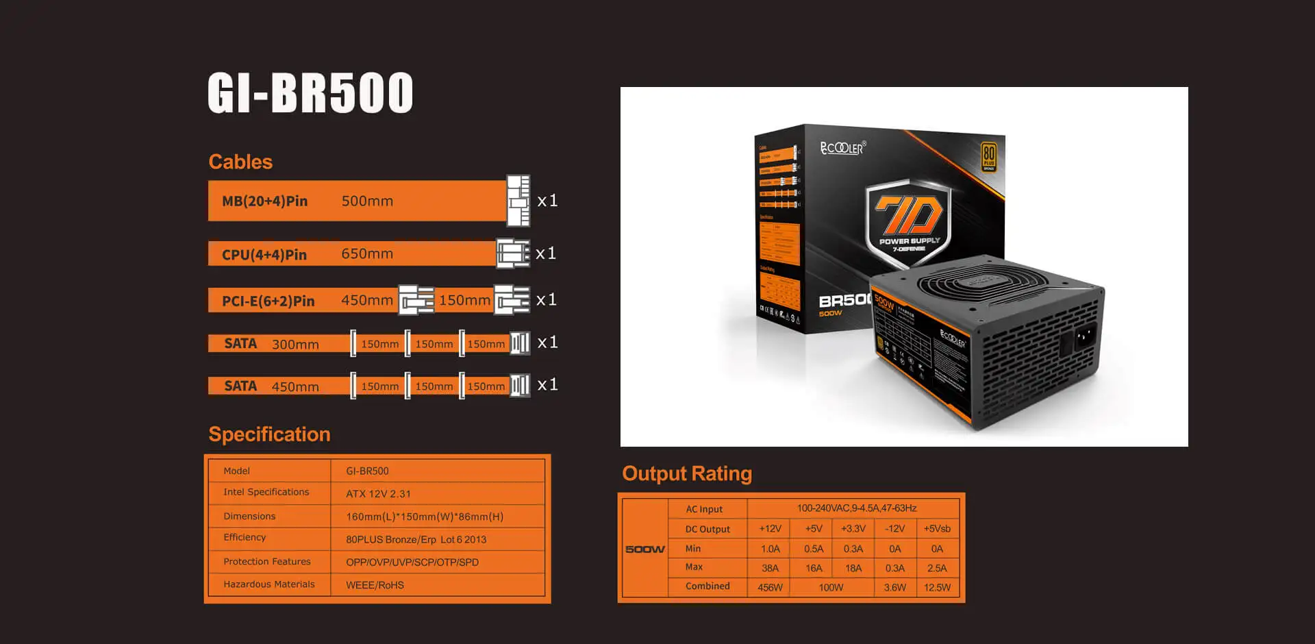 PCCOOLER блок питания GI-BR серии 700W высокой эффективности 12V выход Поддержка мощности графическая карта