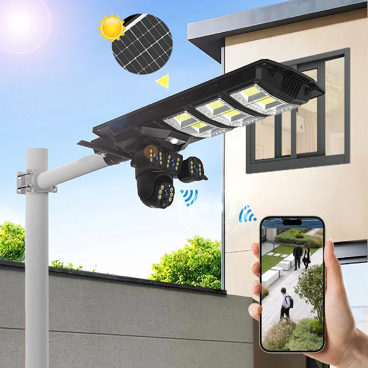 450W 4G/WIFI HD street light outdoor dual-lens three-screen camera two-way voice AI automatically tracks solar street lights