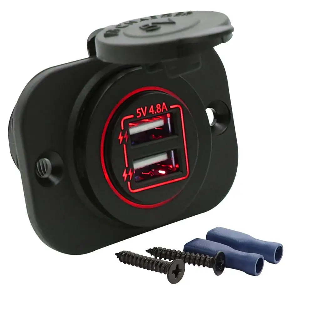 Keto Dual USB Charger Socket 12V Power Outlet 4.8A for Car Boat Rv Marine Motorcycle with LED Light