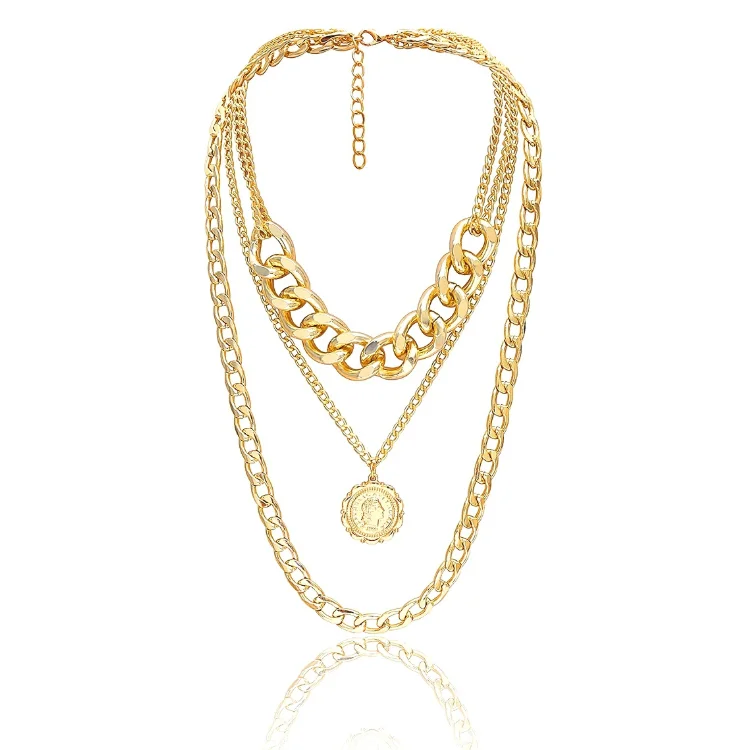 Modern Fashion Gold Layered Thick Necklace Punk Gothic Sweater Chain Pendant Necklace