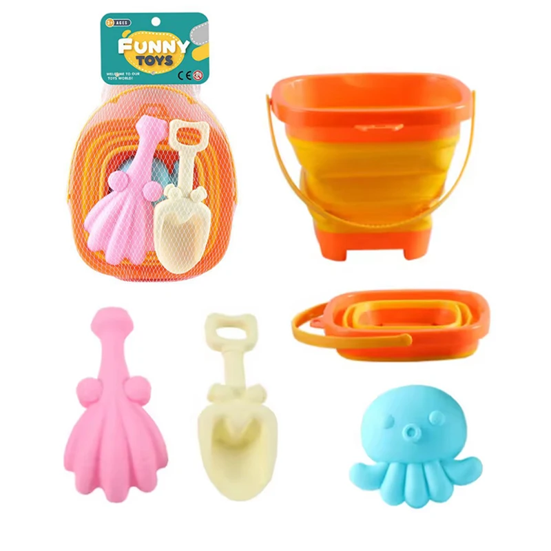 Cheap Beach Toys Children Seaside Sand Toys Folding Bucket 4-pcs Beach Toys Set for Kids