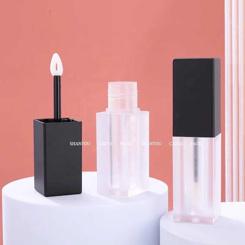 CAIYA 4ml luxury clear frost square rose gold pink lip gloss tubes with wands with stopper custom label lipstick container