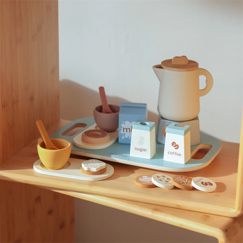 Wooden Afternoon Tea Set for 2-4 Years Pretend Play Kitchen Toy Educational Role-Play for Dessert Box Gift Packaging