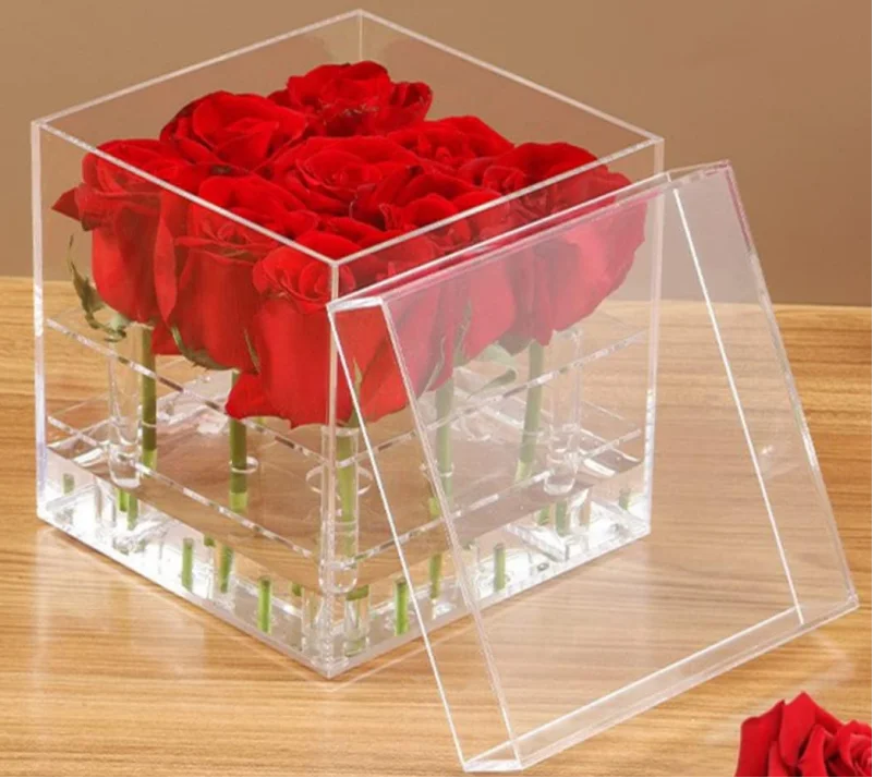 Luxury Clear Flower Acrylic Rose Box with Drawer Transparent Acryl Flower Box Round Crystal Acrylic Flower Box 9 Holes