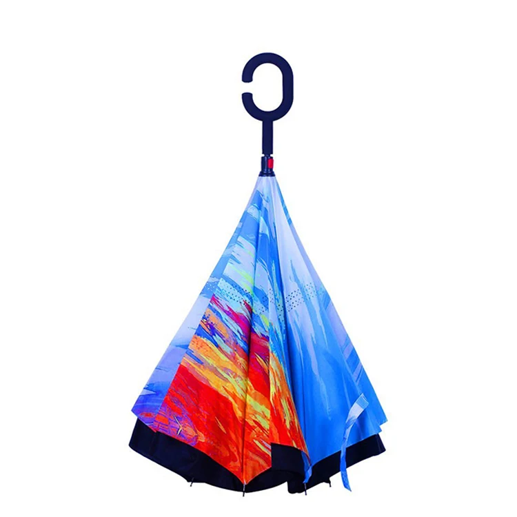 Hands Free C Handle Double Layer Upside Down Reversible Inversion Reverse Inverted Umbrella Reversible Umbrella with C Handle