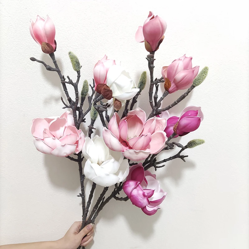 Unique Charming Magnolias Branch 3 Heads Artificial Magnolia Flower For Wedding Home Decoration