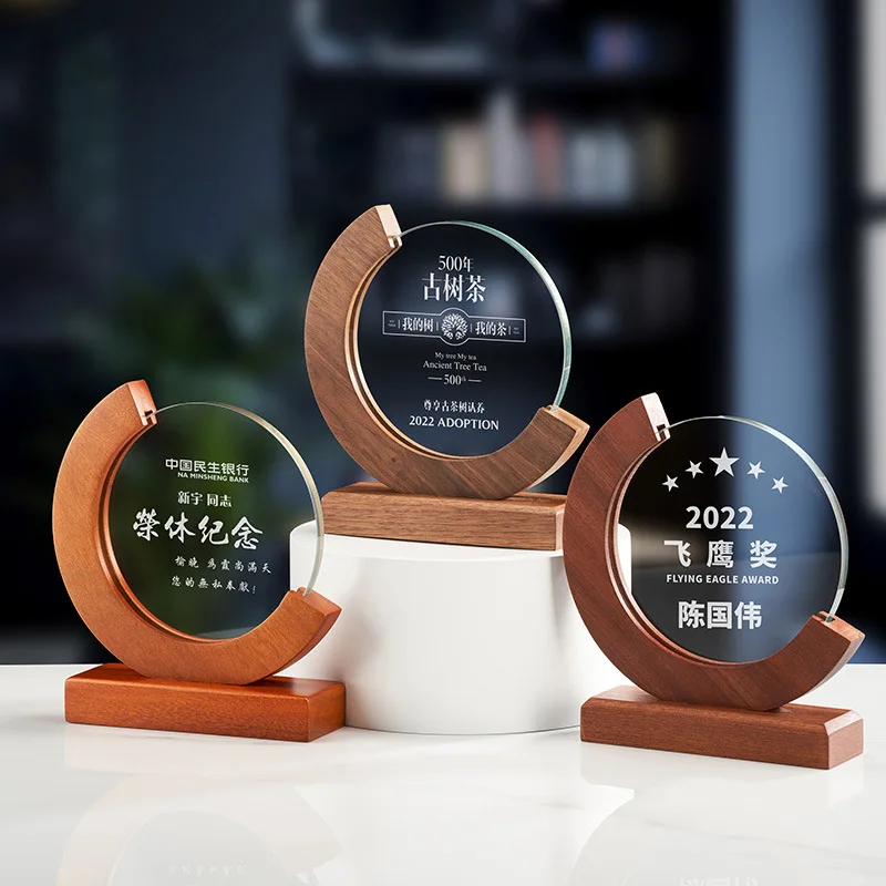 Solid Wood Crescent-Shaped Custom Crystal Trophies Award Trophy Enterprise Annual Meeting Souvenir Products