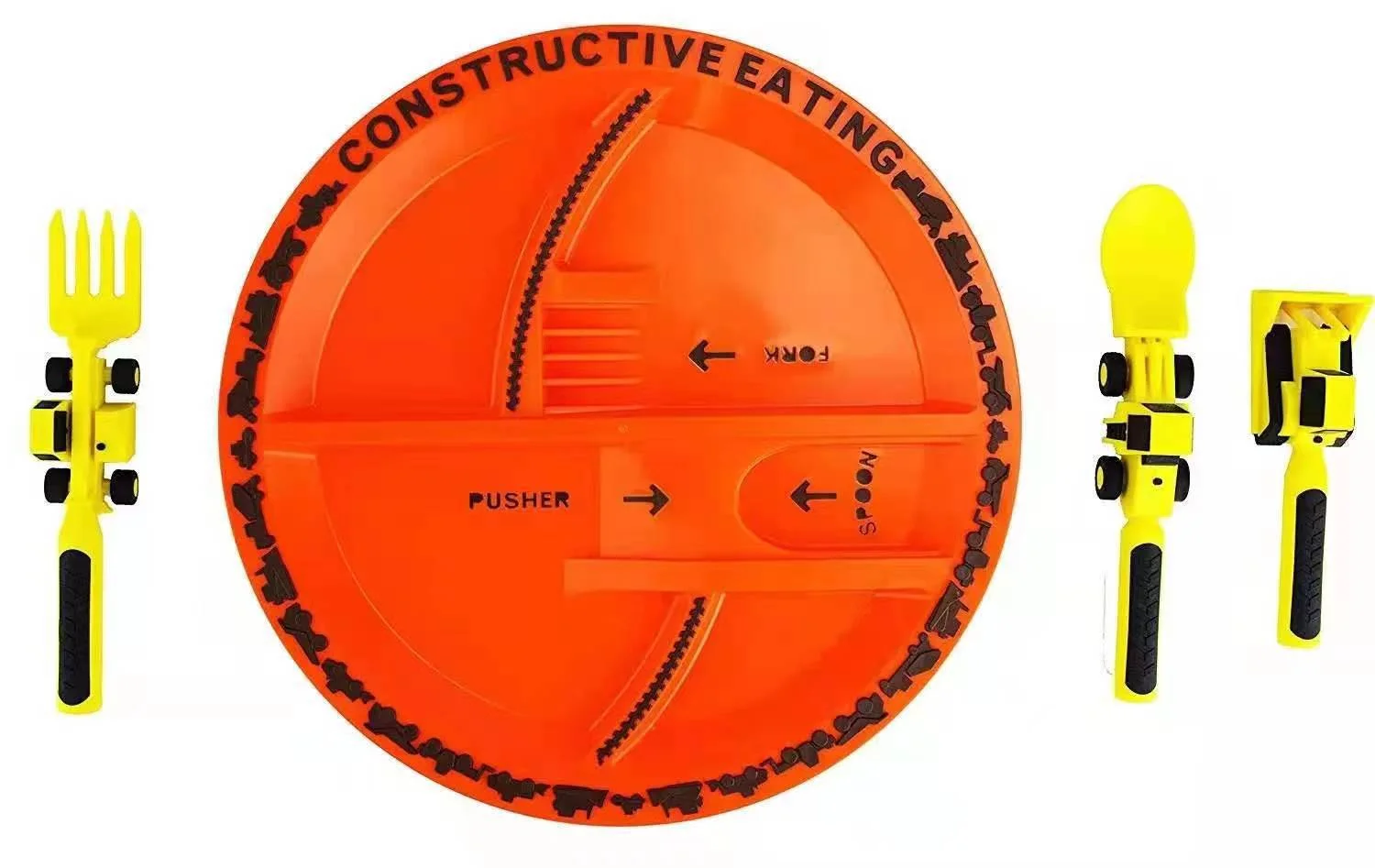 Purple Garden Yellow Forklift Green Dinosaur Set Fun Children Tableware Set Design Includes Excavator and Shovel Cutlery