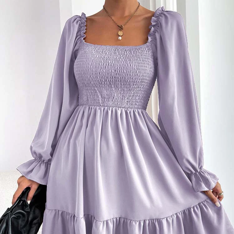 Women Summer Square Neck Shirred Bodice Flounce Sleeve Ruffle Hem Casual Dresses