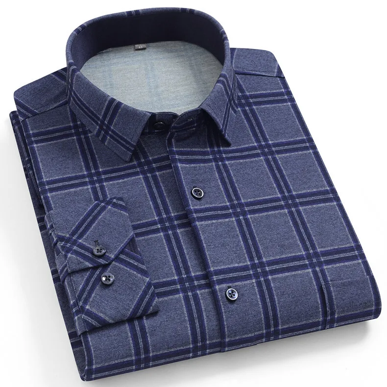 Check Slim Fit Cotton Business Casual Plus Size Long Sleeve Shirt For Men