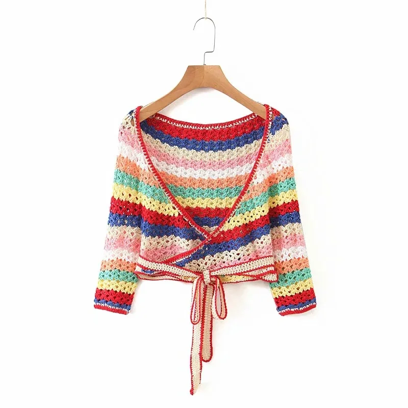 Factory Summer women colorful striped sexy crop top two piece set lace up hand crochet knit top cotton knit shorts suit