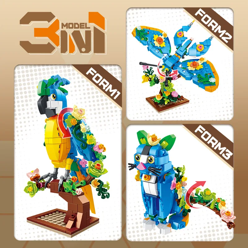 Foreign trade 3d Simulated parrot 3ni1 Building Block model Home Decor Anime Creative Gift DIY Toy For Child Adults