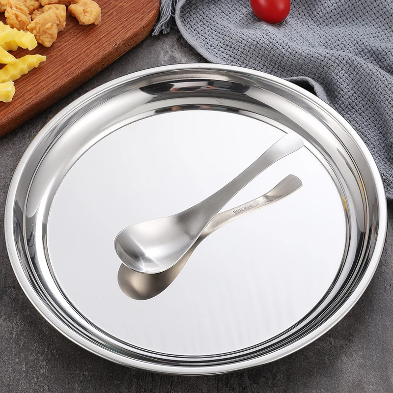 Large Flats Bottom Shallow Tray Thickened Mirror light Stainless Steel Plate Round dish for Barbecue Restaurant Caterers Canteen
