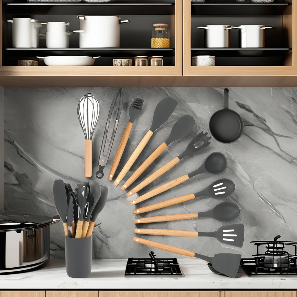 Complete Kitchen Utensil Set 12 Piece Non-Stick Cooking Silicone Kitchenware Kit kitchen utensils Wooden Handle