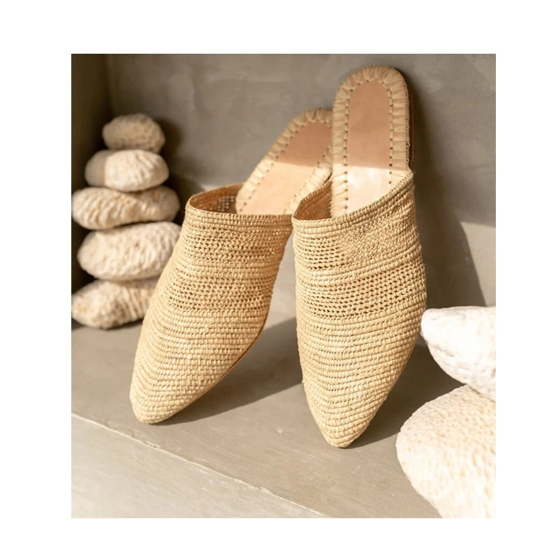 Optimum Selection Natural Fibers Handowen Raffia Women Babouche Slippers Natural Shoes Women Slippers