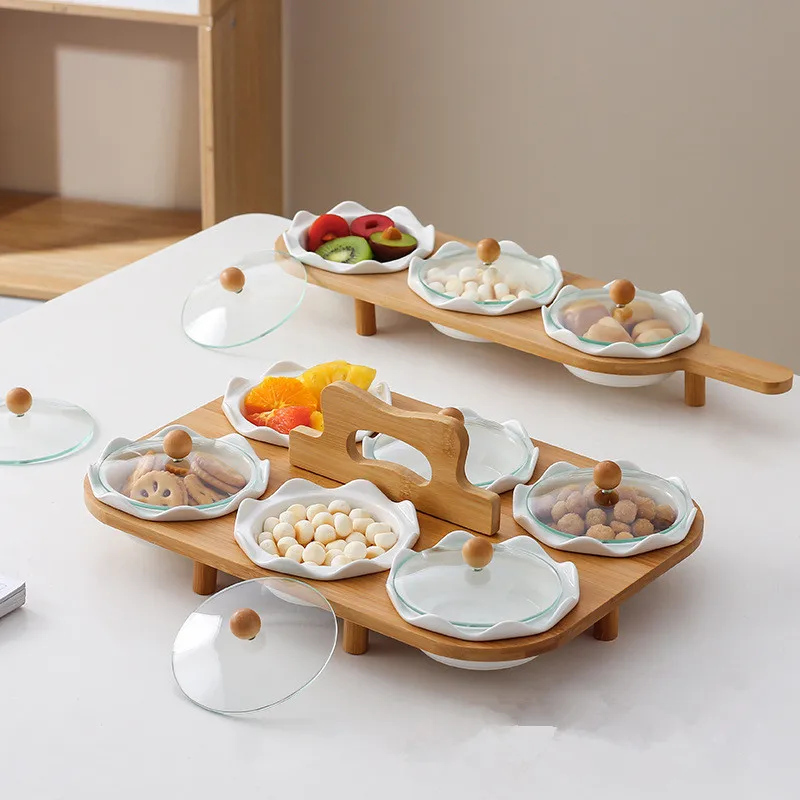 Acacia Raised Wooden  serving platter board wood tiered tray for food