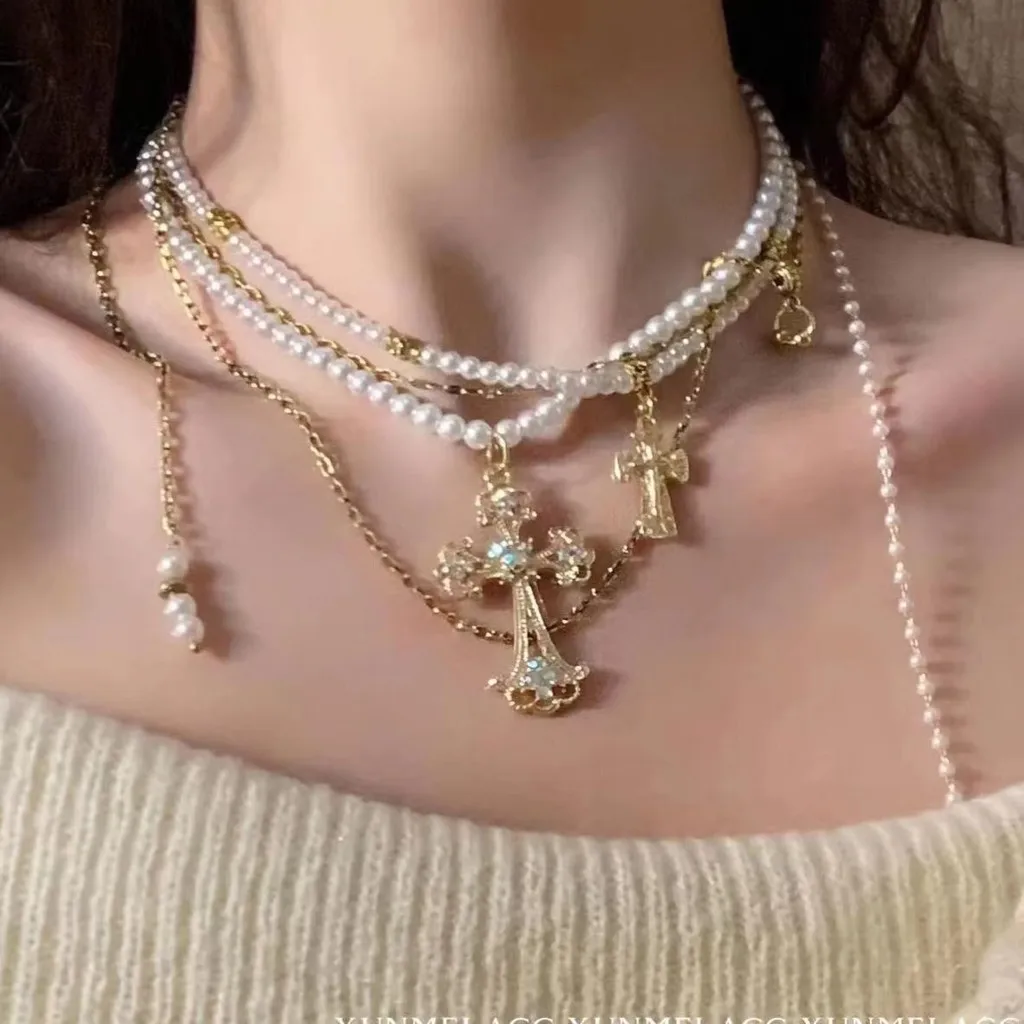 Mailard Style Pearl Beaded Multi Layered Clavicle Chains for Women Gold Cross Pendant Necklaces Jewelry