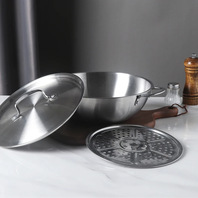 Korean style customized cookware cooker pot stainless steel stir fry pans steamer frying cooking woks pan in guangdong