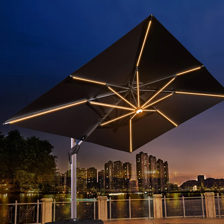 Outdoor  LED Patio Cantilever Umbrella Garden Restaurant Sun Solar Parasol With Lights