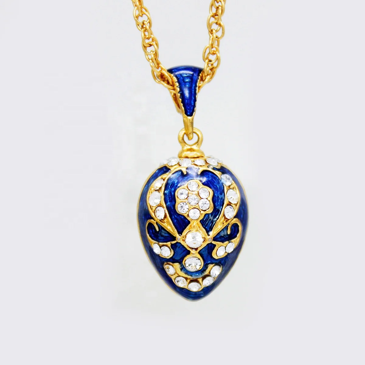 Gold Plated Russian style Fancy Girls Holiday Gift Handmade Jewelry Women Crystals Blue Enamel Faberge egg Pendant Necklace