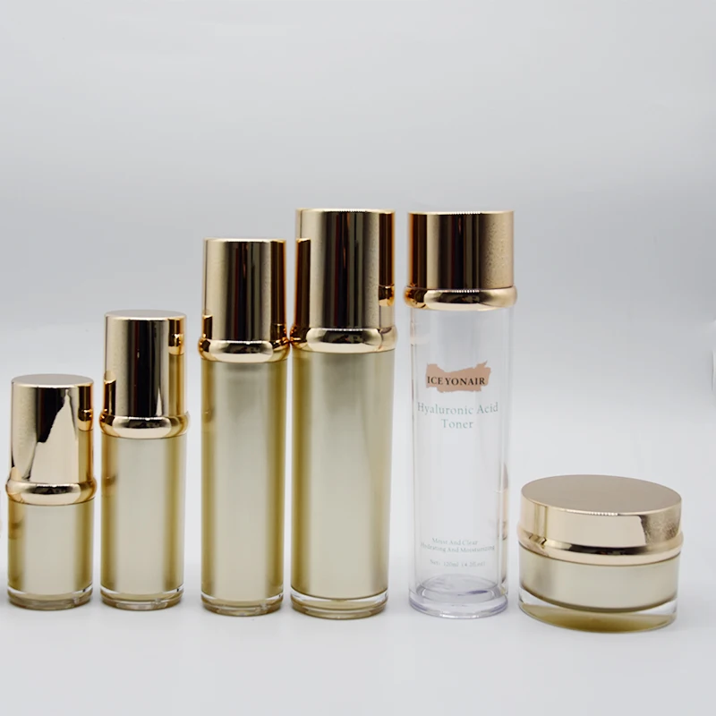 Wholesale rose gold plastic essence lotion pump bottle 15ml 30ml 50ml 100ml 120ml acrylic cosmetic packaging set in stock