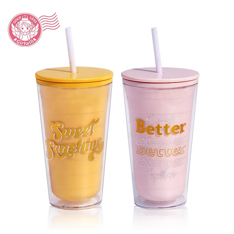 Girlwill Plastic Mugs With Lids And Straws Custom Logo Tumbler Cups Wholesale Insulated Double Wall 20oz coffee Cups