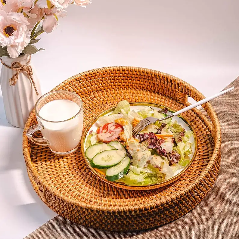 High Quality Rattan Serving Trays/ Natural Eco Friendly Rattan Wicker Handwoven Food Serving Trays