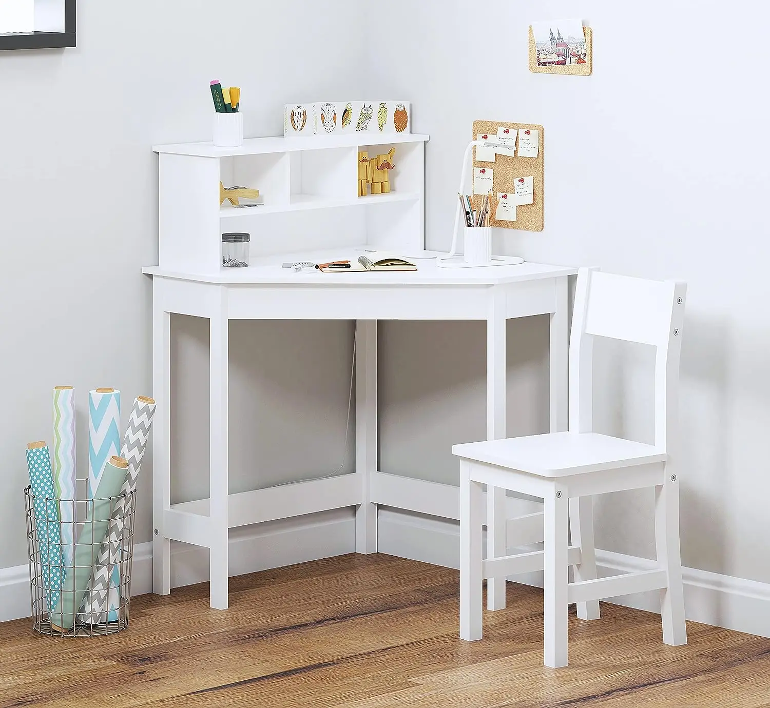 Corner Writing Desk Wooden Study Desk Chair for Children with Storage and Hutch