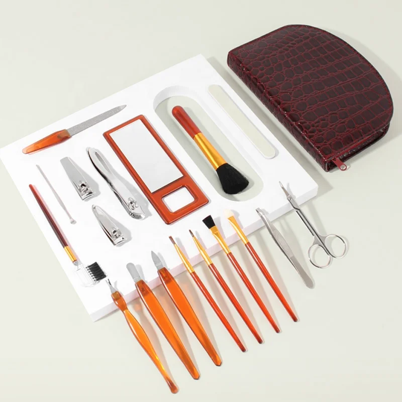 Professional 18pcs Manicure Set Nail Clipper Pedicure & Makeup Brush Kit Eye and Face Grooming Nail Tools with Leather Bag