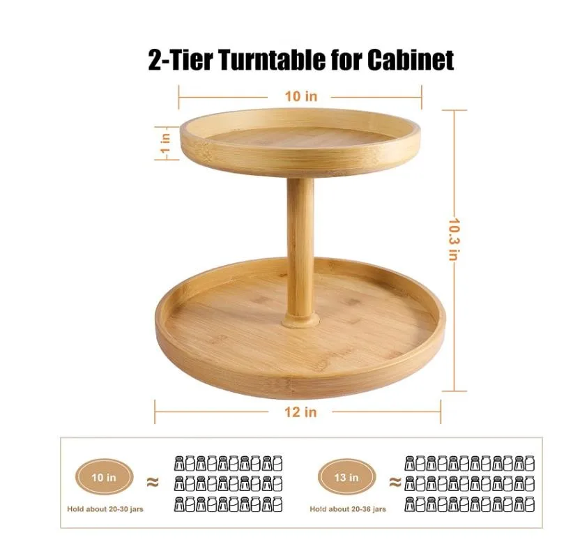 2 Tier Bamboo Lazy Susan Organizer Kitchen Turntable Organizer for Cabinet Pantry Table Organization