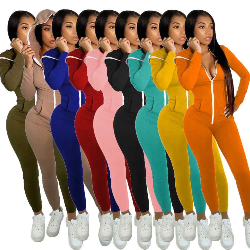 AC0102 Womens Long Sleeve Solid Color Jogging Tracksuit Outfits Sweat Suits Women Sets One Piece Jumpsuits