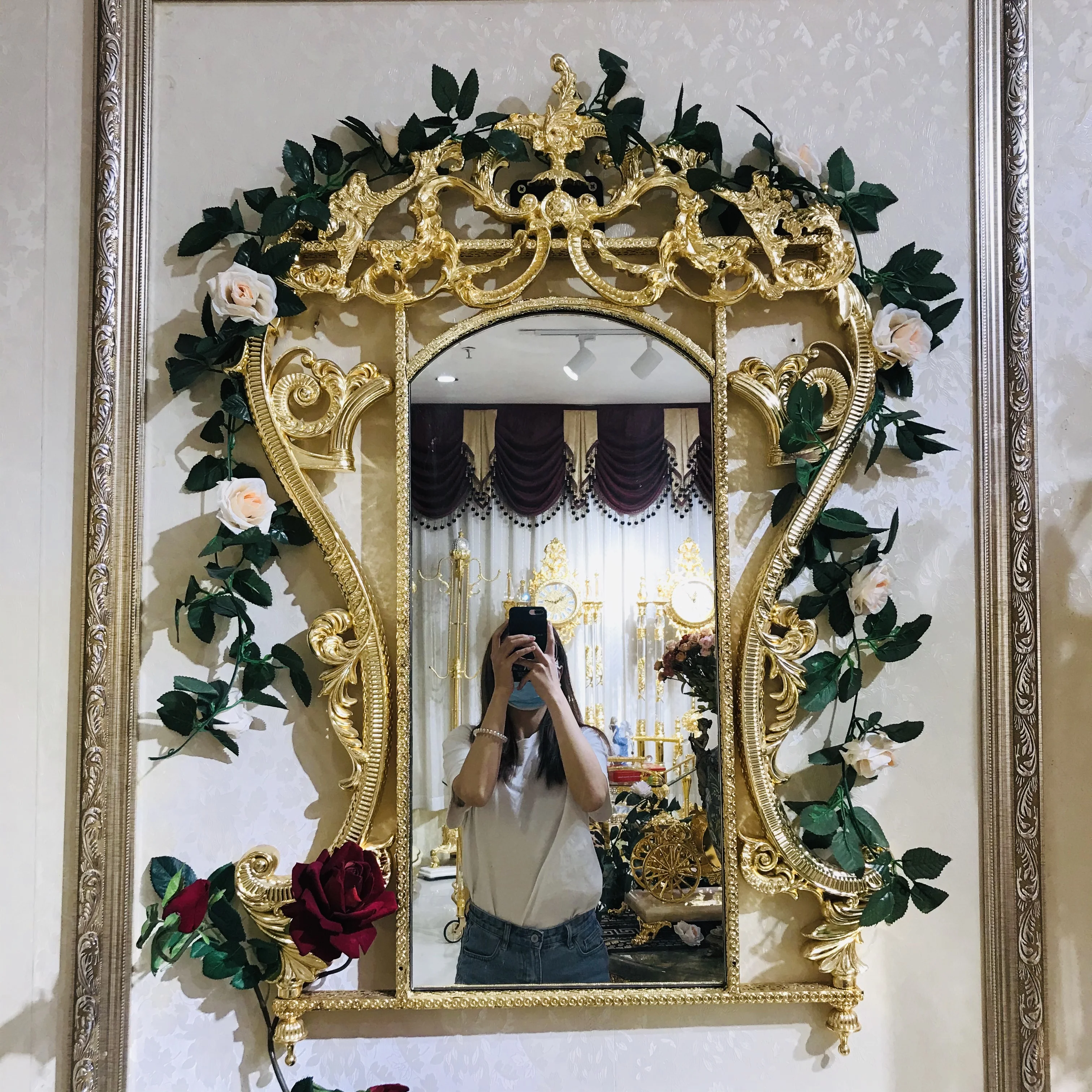 French Elegant Large Size Golden Copper Living Room Oval Decorative Wall Mirror Luxury Palace Style