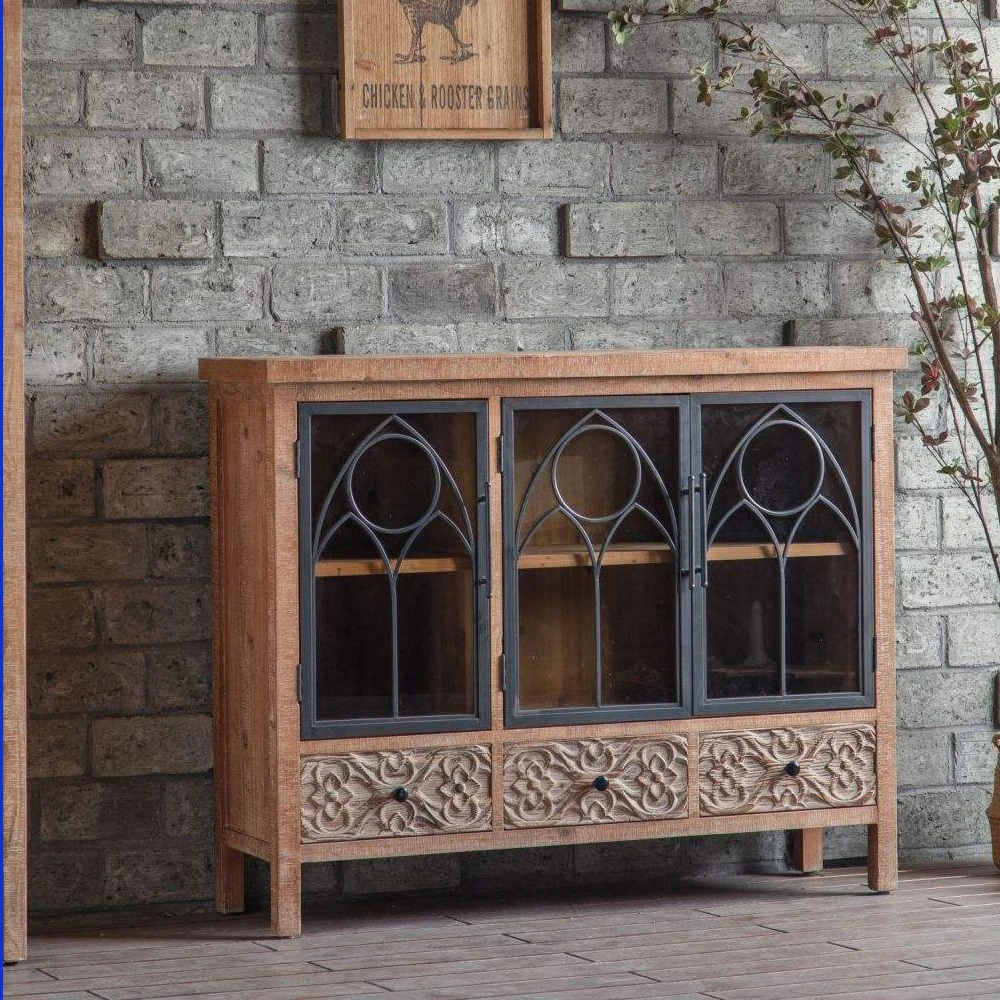 Farmhouse Vintage Wood Cabinet Sideboards with Mirrored Doors Antique Console Storage Cabinets Buffet Cabinets