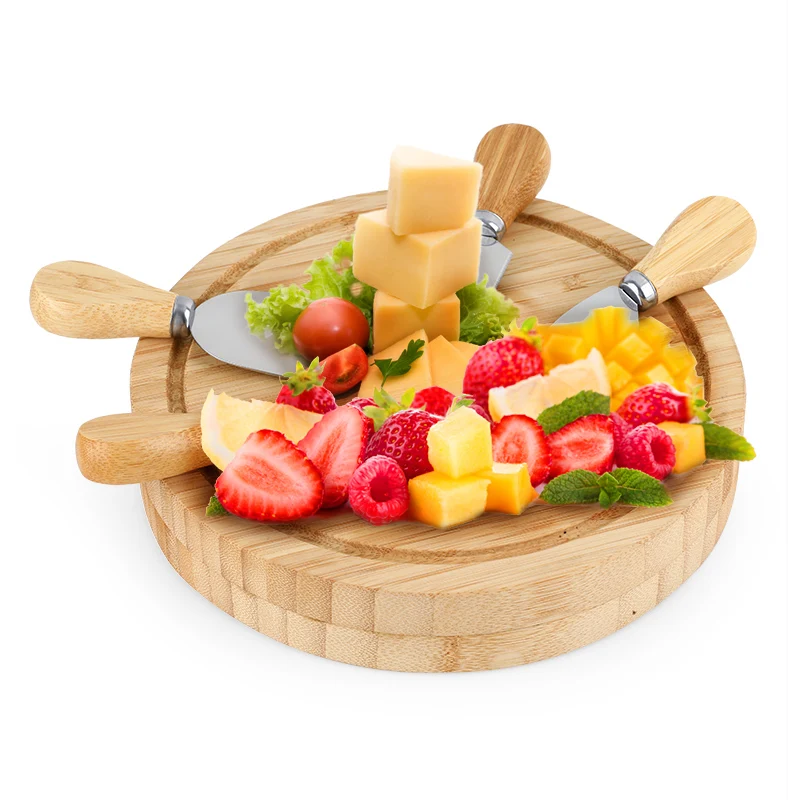 Custom Wood Chopping Cheese Boards Set With Cheese Knife And Fork Circular cheese board bamboo Wood Cutting Boards Wholesale
