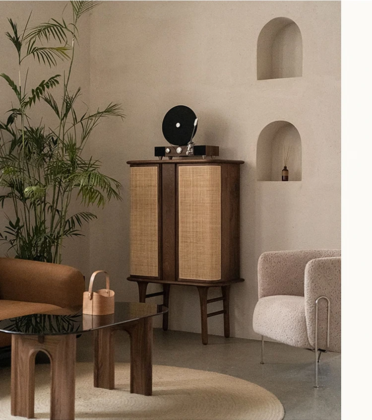 Modern high end ash solid wood storage cabinet living room walnut wood color  wine cabinet real rattan black double door cabinet