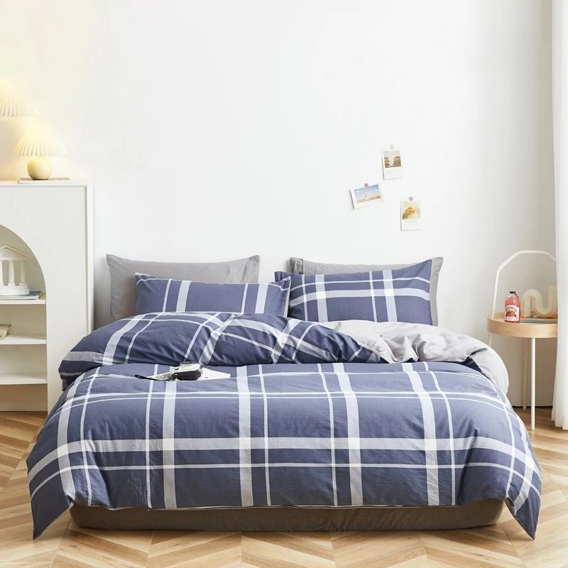 Printed Geometric Bed Sheet Quilt Cover Four-piece Bedding Set Hot Sale Simply Comfortable 100% Cotton Quality Blue 4 Pcs 40S