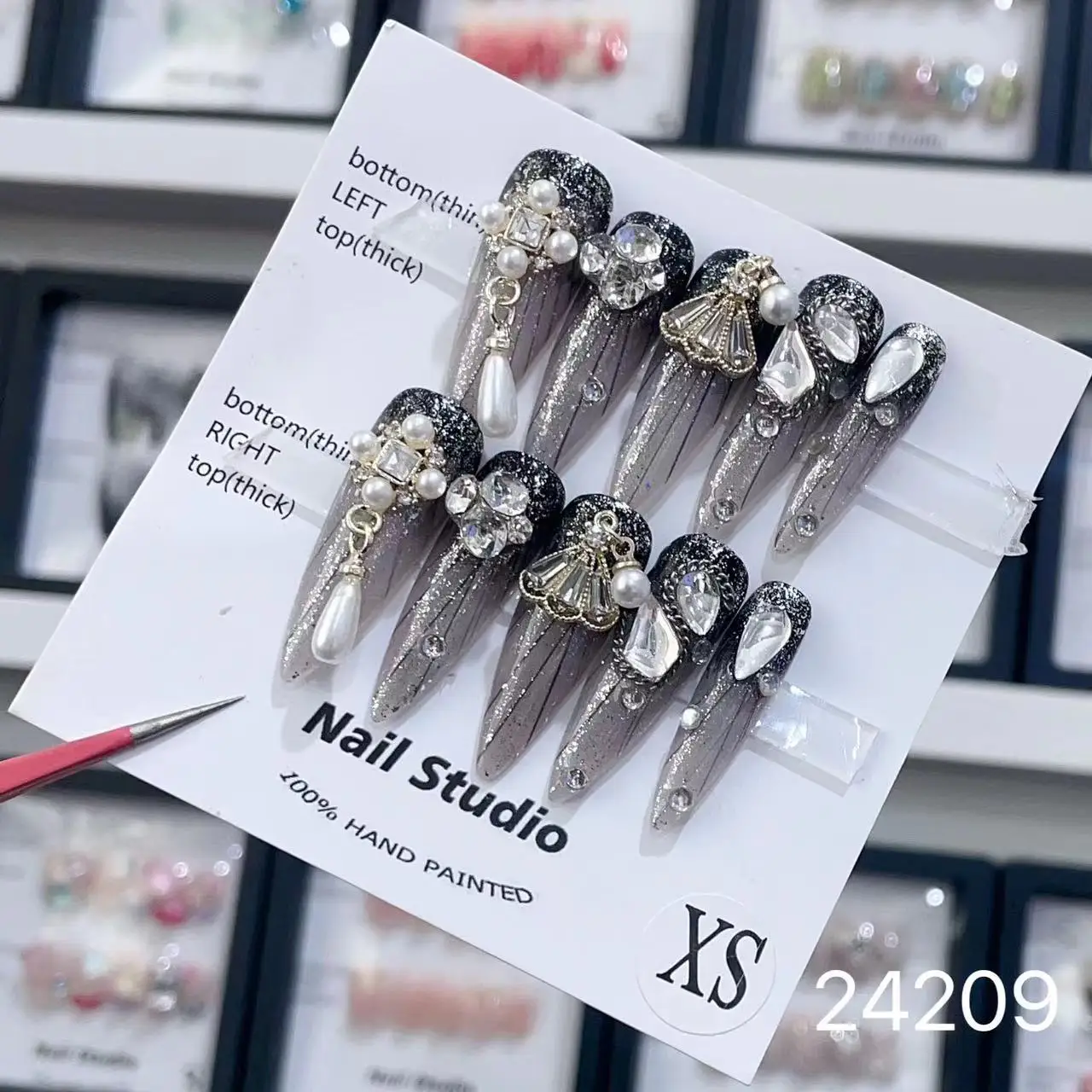 High Quality Artificial Nails Medium Length Full Cover Luxury Diamond French Almond Tip Handmade Wedding Press On Nails