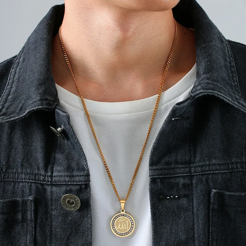 LWX50025 Gold Plated Cz Stainless Steel Pendant Necklace With Muslim Islam Allah Engraved Customized For Men Women
