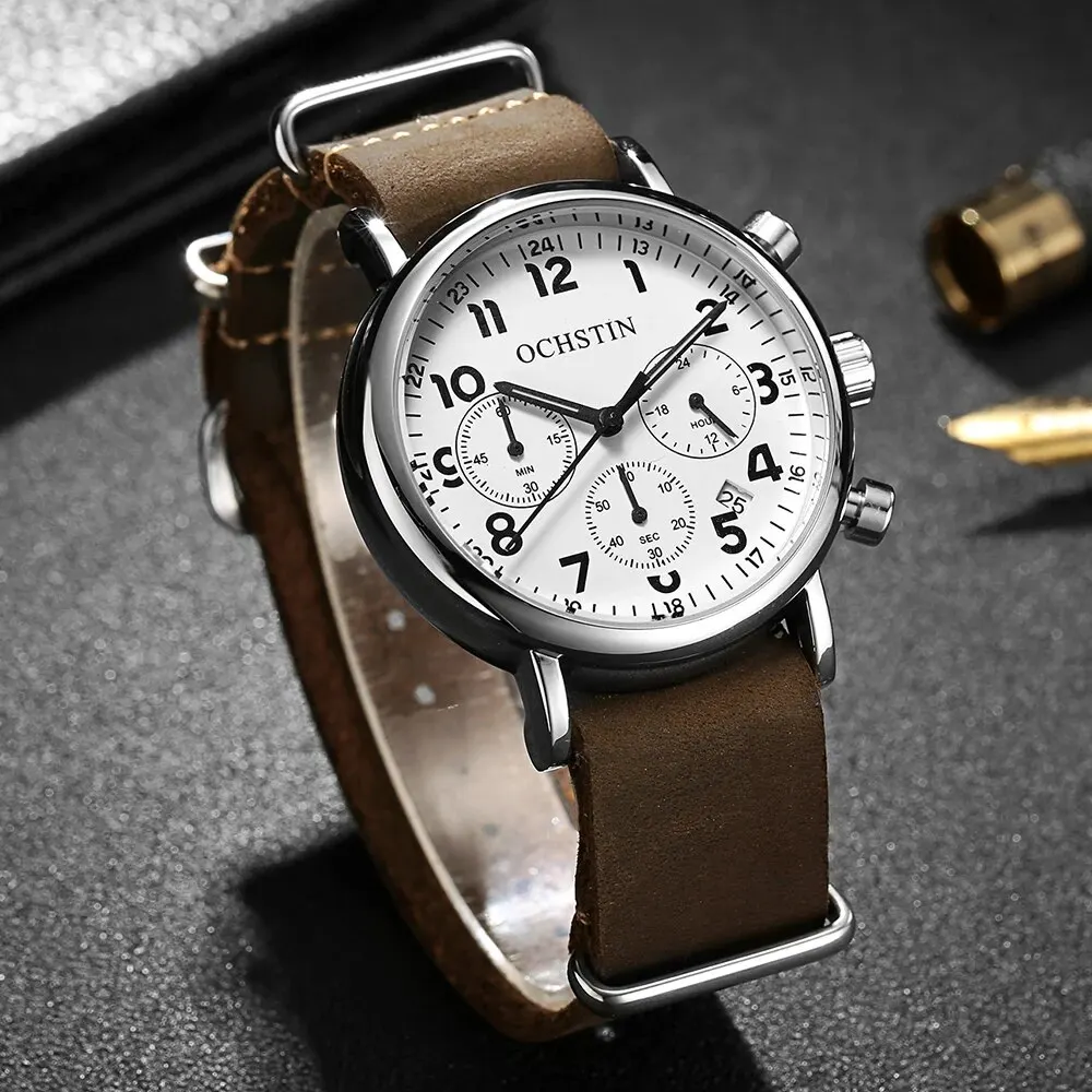 OCHSTIN GQ081A 2024 Pilot Mens Watches Luxury Cowhide Leather Luminous Quartz Man Retro Wrist Watch Vintage Chronograph Clock