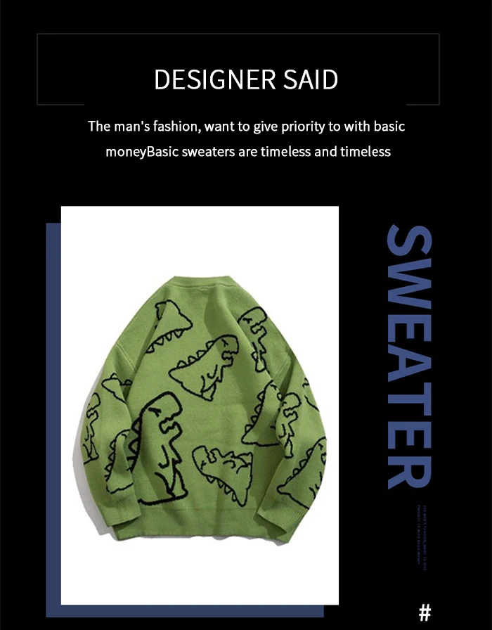 2022 New Harajuku Fashion Knitted Hip Hop Streetwear Dinosaur Cartoon Oversize Casual Couple O-Neck Vintage Sweaters