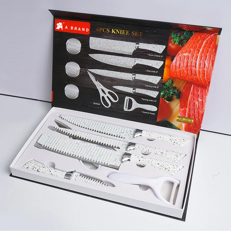 6Pcs Multifunctional Stainless Steel Kitchen Knife Set White Black PP Handle Cleaver Chef  Knives With Ceramic Peeler